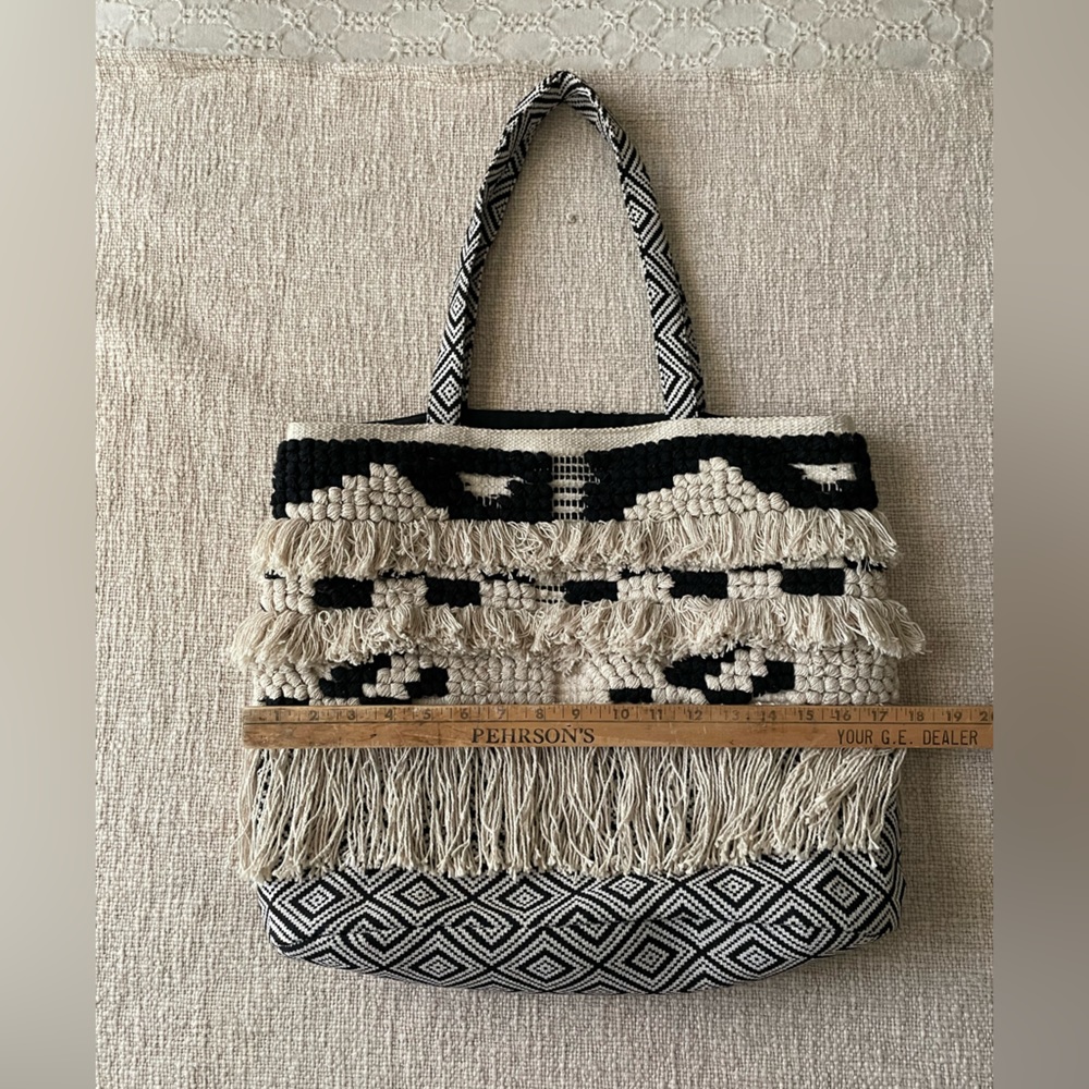 World Market Boho Tote Bag Black & White Fringe